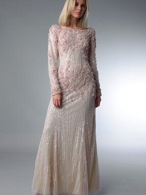 D6045L Laser Cut Floral Long-Sleeve Gown - Blush